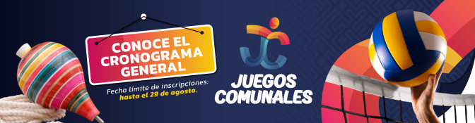 Banner de los Juegos Comunales con un trompo, un balón de voleibol y el llamado a conocer el cronograma general.