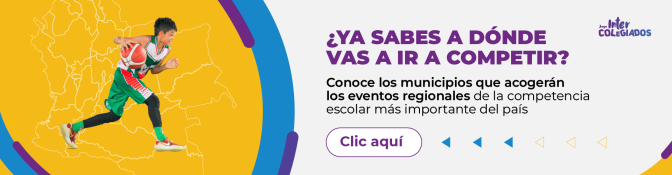 Joven jugador de baloncesto en uniforme verde con balón, sobre fondo amarillo con mapa de Colombia, promocionando los Ju...