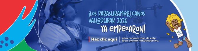 Banner promocional de los Juegos Parasuramericanos Valledupar 2026 con atleta de tiro con arco y mascota oficial del eve...
